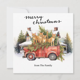 Cats with Vintage Red Truck for pet lovers Holiday Card