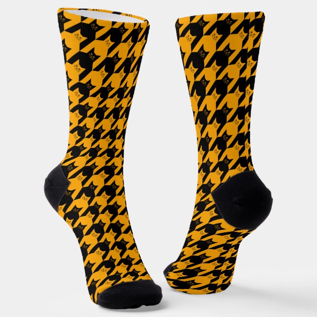 Catstooth Black and Orange Halloween Houndstooth Socks (Angled)
