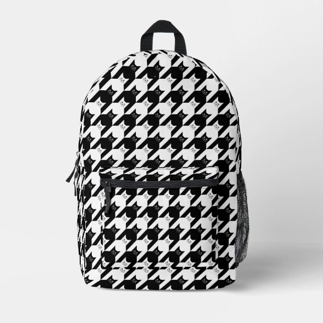 Catstooth Black and White Houndstooth Pattern Printed Backpack (Front)