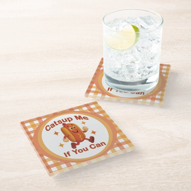 Catsup Me If You Can Funny Hot Dog – Ketchup Pun Glass Coaster (Angled)
