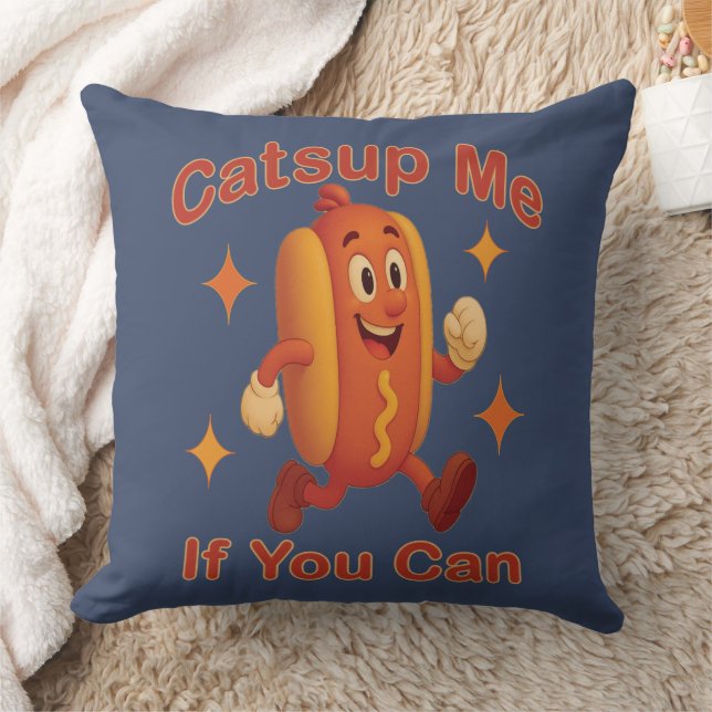 Catsup Me If You Can Funny Hot Dog – Ketchup Pun Throw Pillow (Blanket)