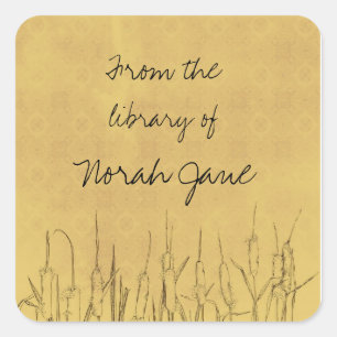 Cattails Botanical Drawing Personalized Name Square Sticker