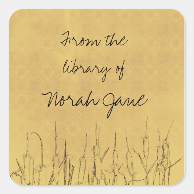 Cattails Botanical Drawing Personalized Name Square Sticker (Front)