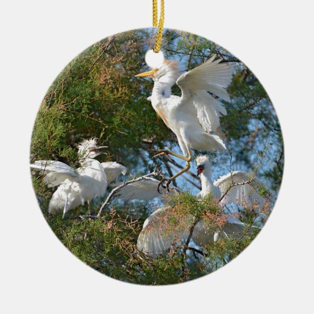 Cattle birds egrets in tree ceramic ornament (Front)