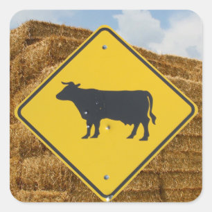 Cattle Crossing Sign, Baled Hay, Blue Sky, Clouds Square Sticker