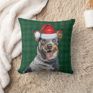 Cattle Dog Green Plaid Christmas Holiday Throw Pillow