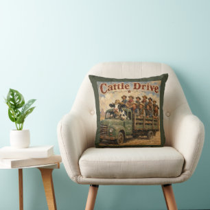 Cattle Drive Cartoon – Cow Driving Cowboys Throw Pillow