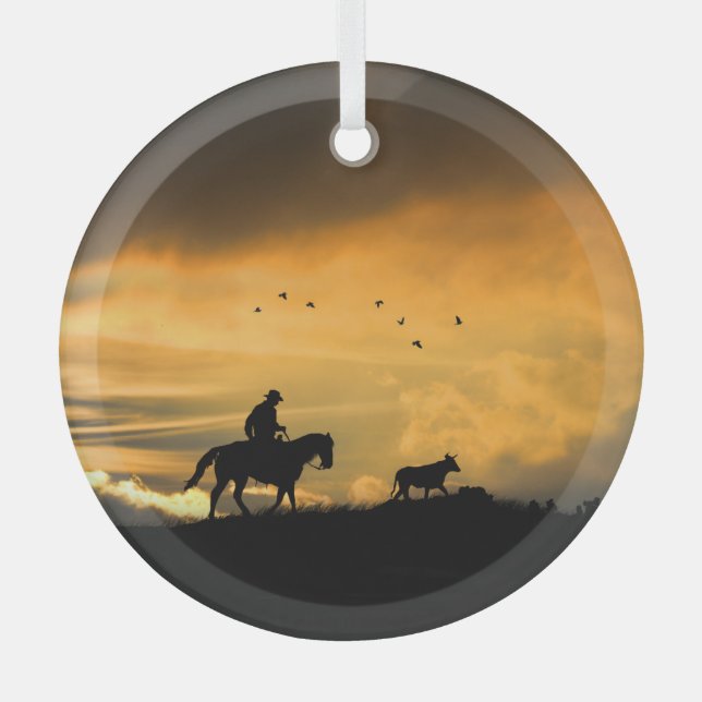 Cattle Drive Cowboy and Steer in Sunset Glass Ornament (Front)