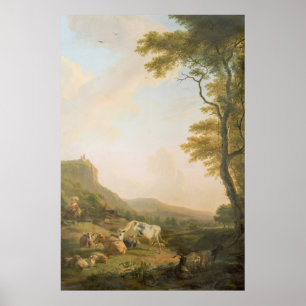 Cattle Grazing while Shepherdess Watches Poster