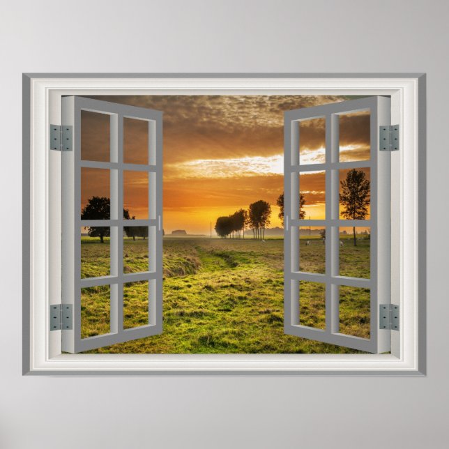 Cattle Ranch Faux Window Countryside Twilight Poster (Front)
