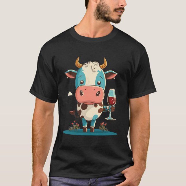 Cattle Red Wine Drinking Cow T-Shirt (Front)