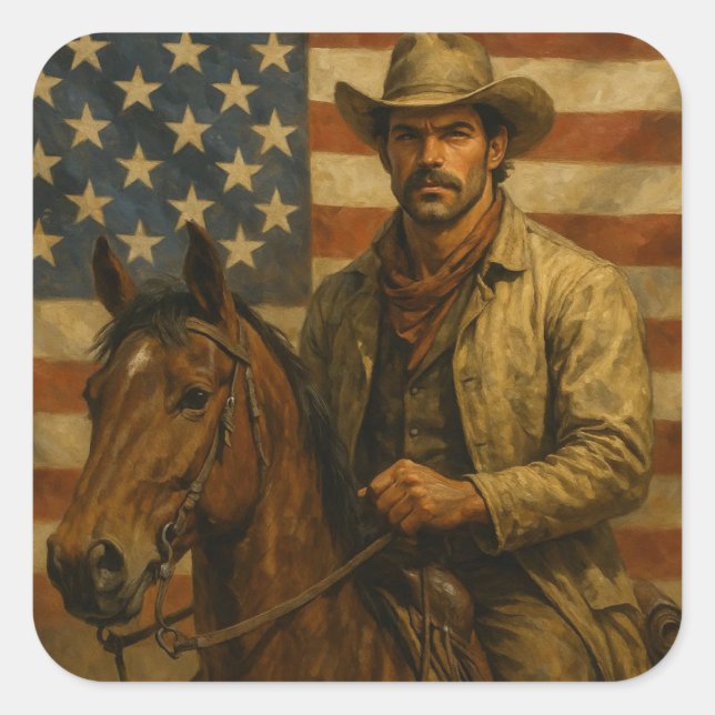 Cattleman on a horse with american flag waving square sticker (Front)