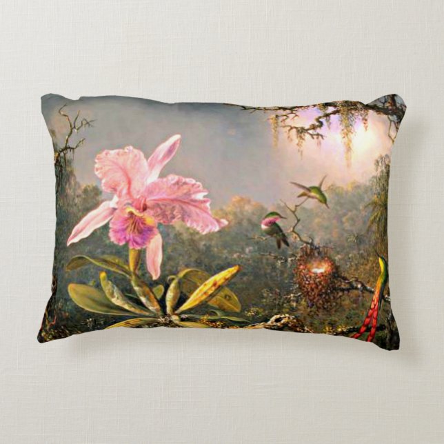 Cattleya Orchid and Three Hummingbirds, Accent Pillow (Back)