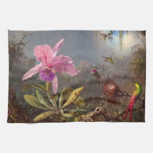 Cattleya Orchid and Three Hummingbirds by Heade Kitchen Towel