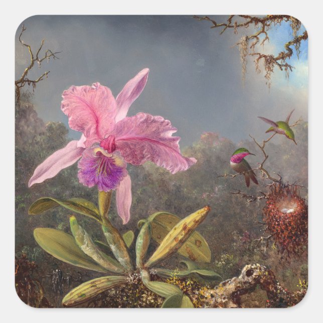 Cattleya Orchid and Three Hummingbirds by Heade Square Sticker (Front)