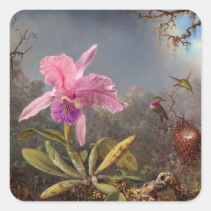 Cattleya Orchid and Three Hummingbirds by Heade Square Sticker