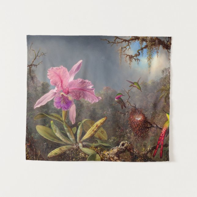 Cattleya Orchid and Three Hummingbirds by Heade Tapestry (Front (Horizontal))