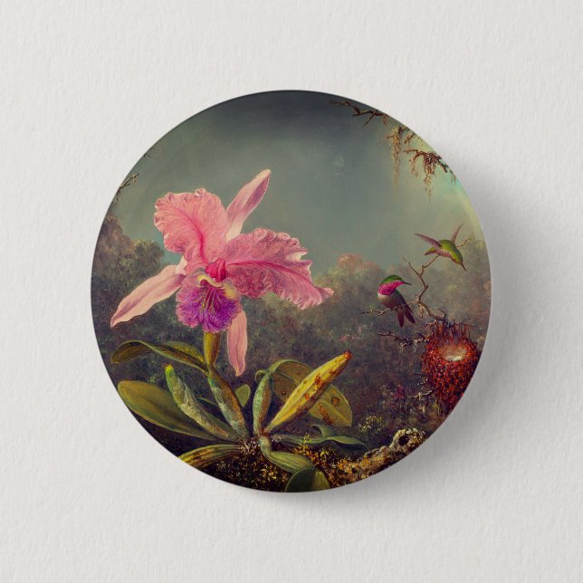 Cattleya Orchid and Three Hummingbirds Heade 2 Inch Round Button (Front)