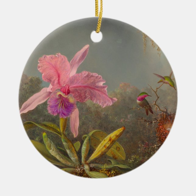 Cattleya Orchid and Three Hummingbirds Heade Ceramic Ornament (Front)