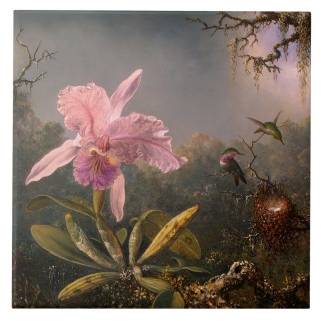 Cattleya Orchid and Three Hummingbirds (Heade) Tile (Front)