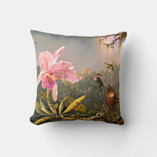 Cattleya Orchid and Three Hummingbirds, Throw Pillow