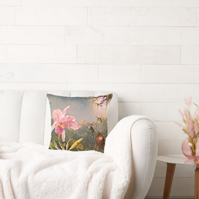 Cattleya Orchid and Three Hummingbirds Throw Pillow (Couch)