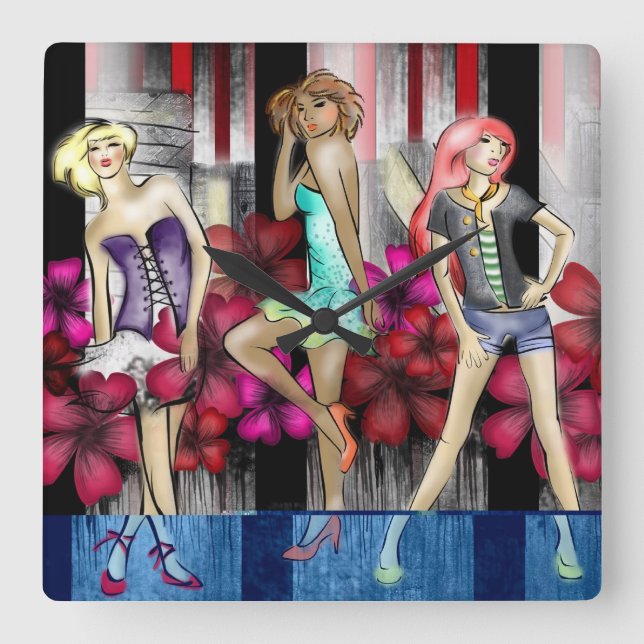Catwalk Fashion Teenage Girls Funky Modern Art Square Wall Clock (Front)