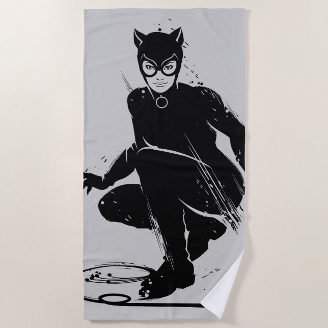 Catwoman Ink Brush Pose Beach Towel (Front)