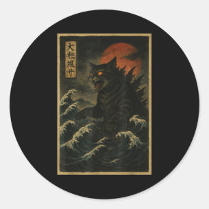 Catzilla Cat Japanese Art Funny Cat For Men Women Classic Round Sticker