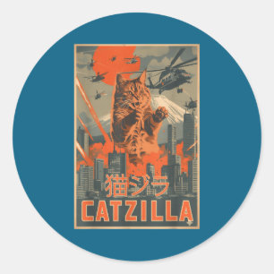 Catzilla Cat Japanese Art Funny Cat For Men Women  Classic Round Sticker