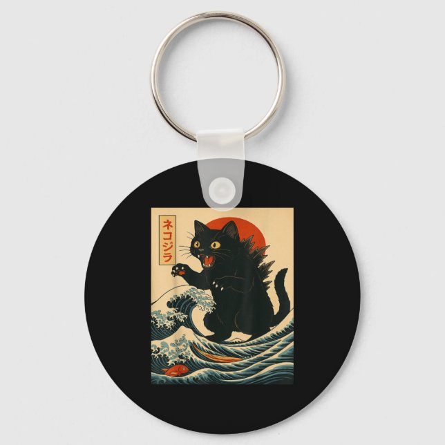 Catzilla Cat Japanese Art Funny Cat For Men Women  Keychain (Front)