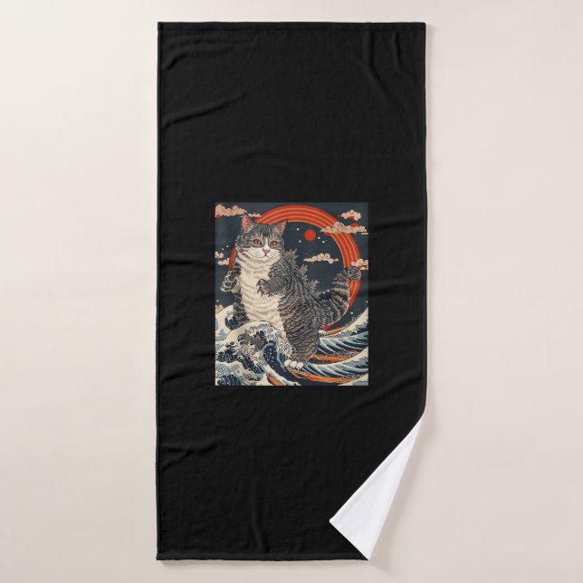 Catzilla Cat Japanese Art Funny Cat Gifts For Men  Bath Towel (Bath Towel)