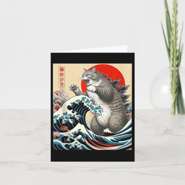 Catzilla Cat Japanese Art Funny Cat Gifts For Men  Card (Front)