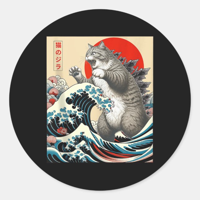 Catzilla Cat Japanese Art Funny Cat Gifts For Men  Classic Round Sticker (Front)
