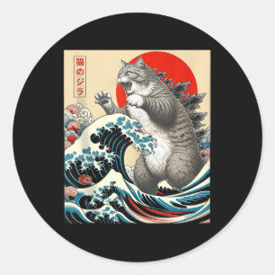 Catzilla Cat Japanese Art Funny Cat Gifts For Men Classic Round Sticker