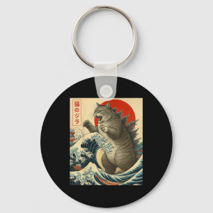 Catzilla Cat Japanese Art Funny Cat Gifts For Men  Keychain