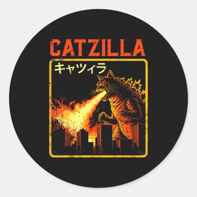 Catzilla Cat Monster Funny Japanese Parody Women M Classic Round Sticker (Front)