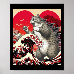 Catzilla Cat Valentine Japanese Art Funny Cat Gift Poster