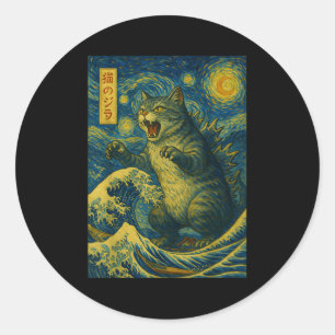 Catzilla Funny Cat Japanese Art Starry Night Wave Classic Round Sticker