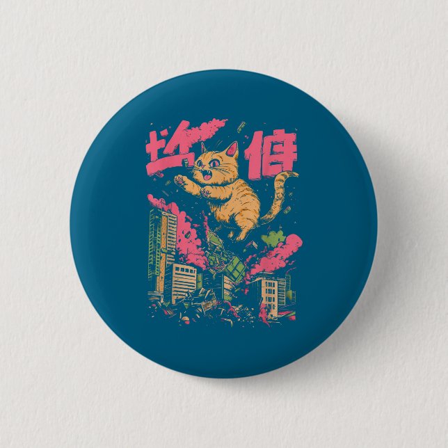 Catzilla Funny Giant Cat Monster Kaiju Japanese Ka 2 Inch Round Button (Front)