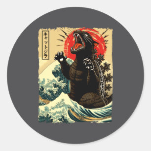 Catzilla Funny Japanese Style  Classic Round Sticker