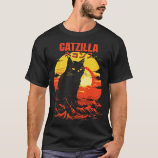 Catzilla Japanese Kanji Retro Mountain Sunset Cat T-Shirt