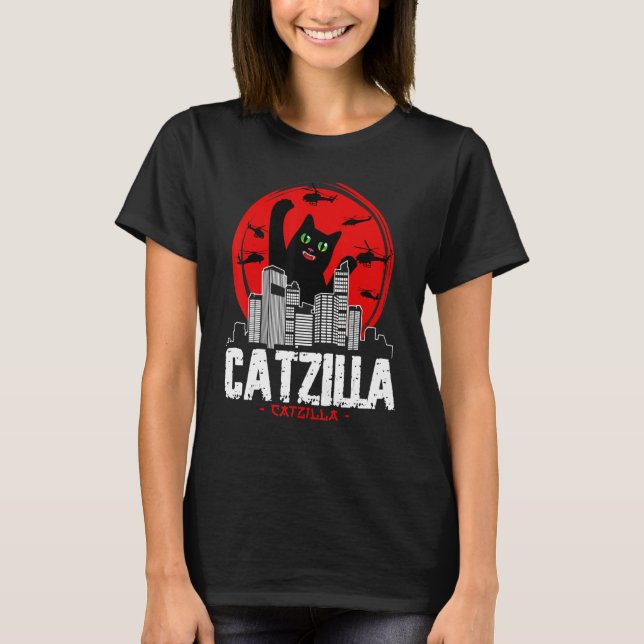 Catzilla Japanese Sunset fighting helicopter funny T-Shirt (Front)