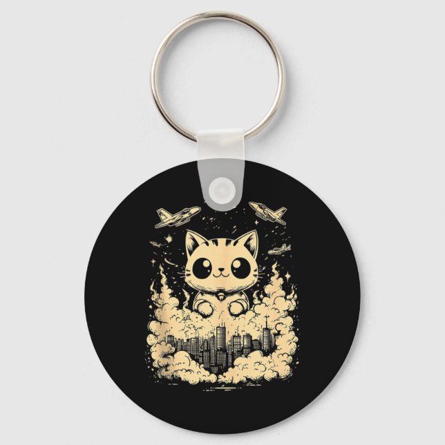 Catzilla Japanese Sunset Funny Japan Cat Keychain (Front)