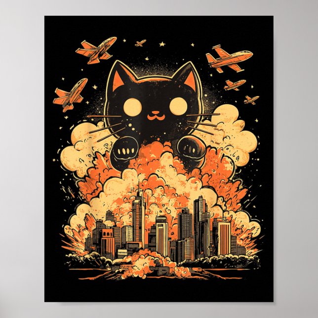 Catzilla Japanese Sunset Funny Japan Cat Poster (Front)