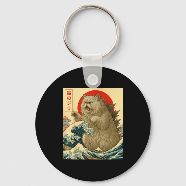 Catzilla Persian Cat Japanese Art For Men Women Ki Keychain (Front)