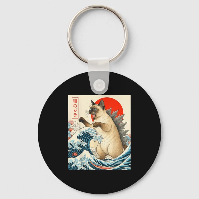Catzilla Siamese Cat Japanese Art Funny Siamese Ca Keychain (Front)