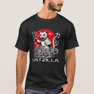 Catzilla Vintage Funny Cute Cat Art Japanese Sunse T-Shirt