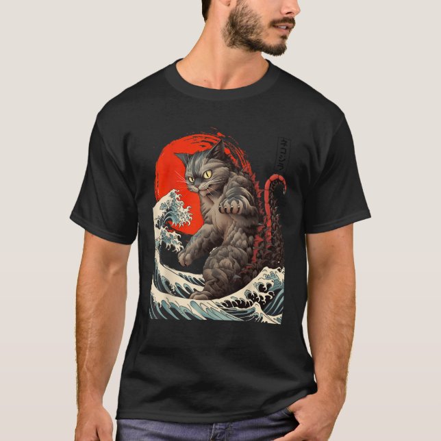 Catzilla vs The Great Wave Hokusai Japanese Kaiju  T-Shirt (Front)