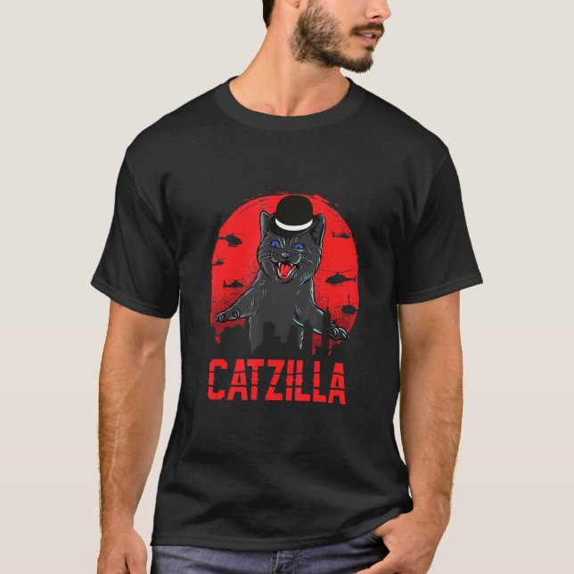 Catzilla with Bowler Hat Cat and Kitten T-Shirt (Front)